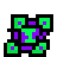 a pixel art drawing of a green and purple frog .
