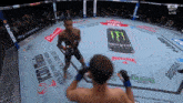 two men are fighting in a boxing ring with a monster energy can on the floor