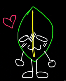 a drawing of a leaf with arms and legs and a heart in the background