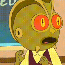 a cartoon character with a mask on his face and big red eyes is sitting in front of a blackboard .