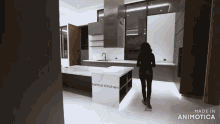 a woman is walking through a kitchen that has the word formal kitchen on it