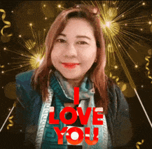 a woman with fireworks in the background and the words i love you