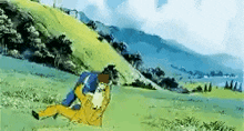 a cartoon of a man carrying another man up a hill .