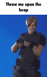 a man is standing in front of a blue background with the words `` throw me upon the heap '' .