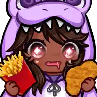 a girl in a dinosaur costume is holding french fries and a chicken nugget