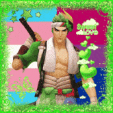 a picture of a man holding a sword with the words sweet love on the bottom right