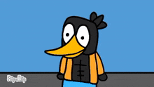 a cartoon of a duck wearing a black and orange outfit with flipa clip written on the bottom