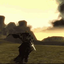 a video game character is standing in a field with a sword