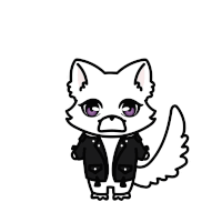 a drawing of a white cat with purple eyes and black whiskers