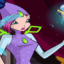 a cartoon of a girl with a purple dress and a green square on her chest