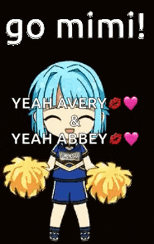 a cheerleader with blue hair is holding pom poms in her hands .