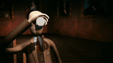 a cartoon man in a suit and tie is standing in a dark room with his mouth open and his hands outstretched .