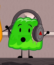 a green cartoon character wearing headphones with a red triangle on it