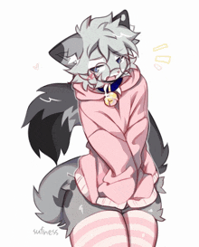 a drawing of a wolf wearing a pink hoodie and striped socks
