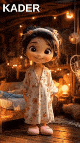 a little girl in a floral dress and pink slippers is standing in front of a bed .