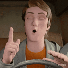 a cartoon man is driving a car with his eyes closed and a netflix logo on the bottom