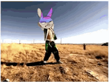 a cartoon of a rabbit with a purple head is standing in the middle of a field