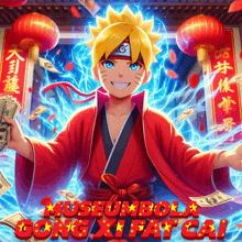 a poster of a cartoon character with the words museum bola gong xi fat cai