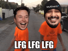 elon musk and a man wearing a hat that says multivers laugh together