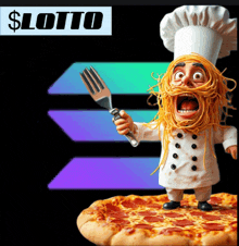 a chef with spaghetti on his head holding a fork
