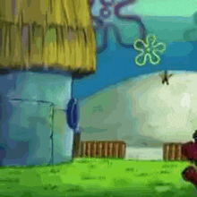 a cartoon scene with a thatched roof and a spongebob flower