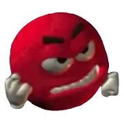 a red ball with a cartoon face and hands