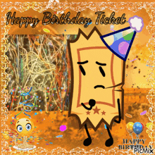 a happy birthday ticket with a party hat on