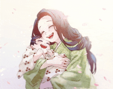 Kyouka Smiling Happily While Holding Baby Inoshishi As He Smiles GIF