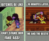 a cartoon of a girl standing next to a locker with the words " bitches be like " on the bottom