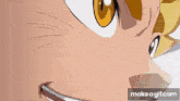 a cartoon character with yellow eyes and a fur coat is making a funny face .