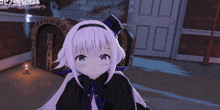 a cartoon girl with white hair and a top hat is standing in front of a treasure chest