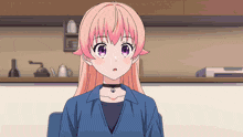 a girl with pink hair and purple eyes is sitting in a chair