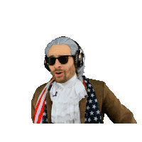 a man wearing a wig and headphones has an american flag scarf around his waist