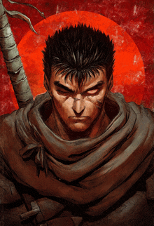 a man with a scarf around his neck holds a sword in front of a red background