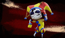 a clown with a mask on his face is standing on a red background