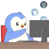 a cartoon of a penguin sitting in front of a computer screen