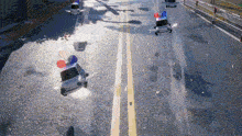 a police car with balloons on top of it is driving down the road