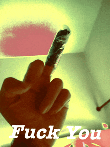 a person 's hand is giving the middle finger and the words " fuck you " are below