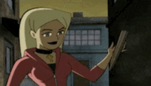a cartoon girl is holding a piece of wood in her hand .
