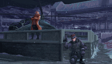 a pixel art of a man holding a gun standing next to a helicopter