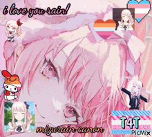 a picture of a girl with the words " i love you rain " written on it