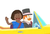 a man in a top hat is driving a yellow car next to a woman