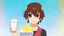 a cartoon character is holding a cup and a bowl of food