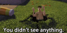 a shirtless man is sitting in the grass with the words you did n't see anything below him .
