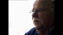 a man with glasses and a mustache looks out of a window