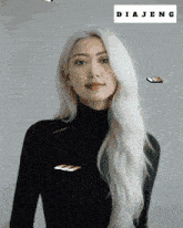 a woman with long white hair is wearing a black turtleneck and the word diajeng is on the bottom