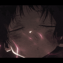 a close up of a person 's face with glowing red eyes