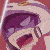 a close up of a cartoon character wearing a purple helmet