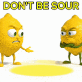 two cartoon lemons with arms and legs are fighting
