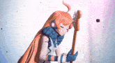 a cartoon girl is holding a guitar and wearing headphones and a scarf .